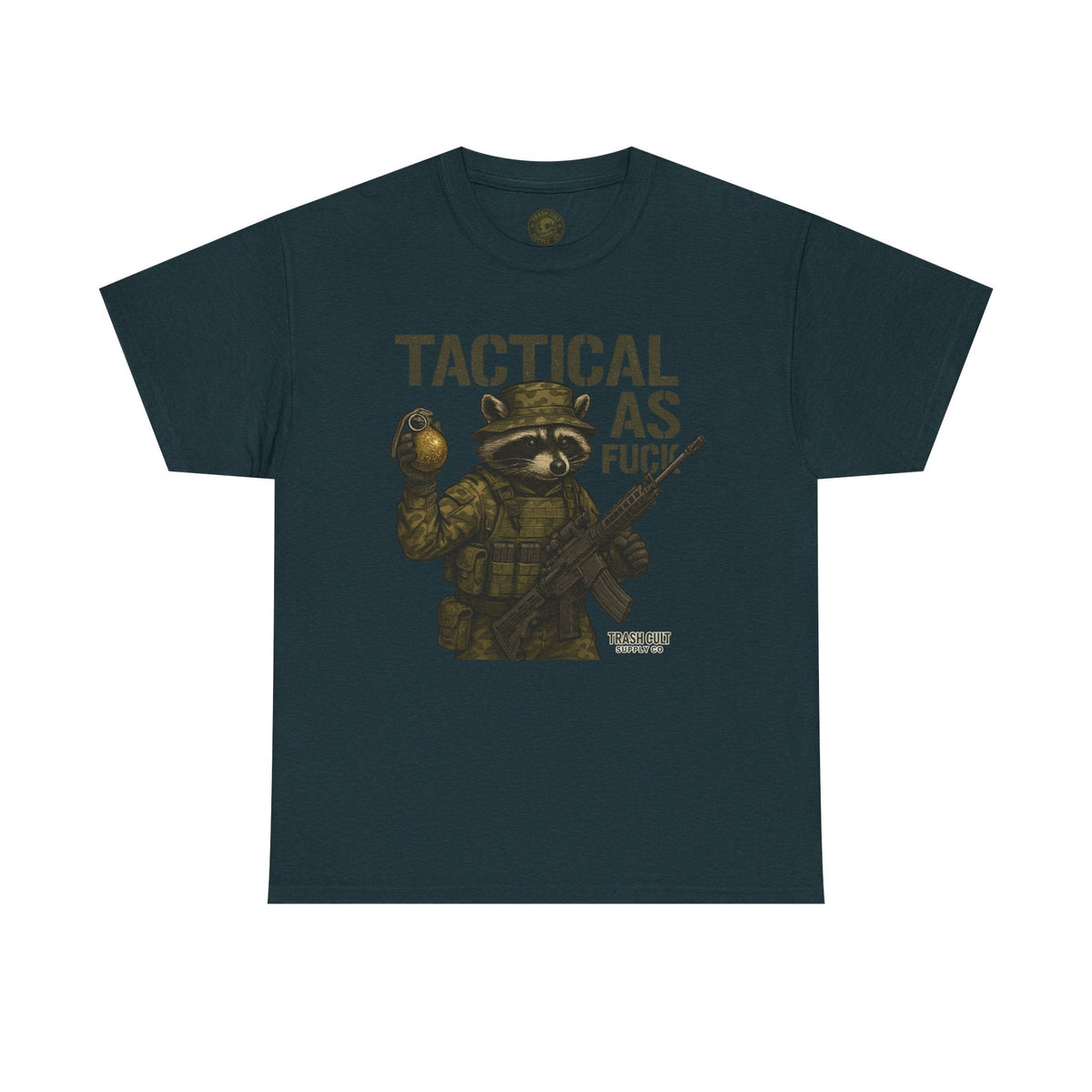 Tactical As F*** T-Shirt – Armed Raccoon Military Humor Tee | Trash Cult Supply Co. | Gildan 5000 Heavy Cotton
