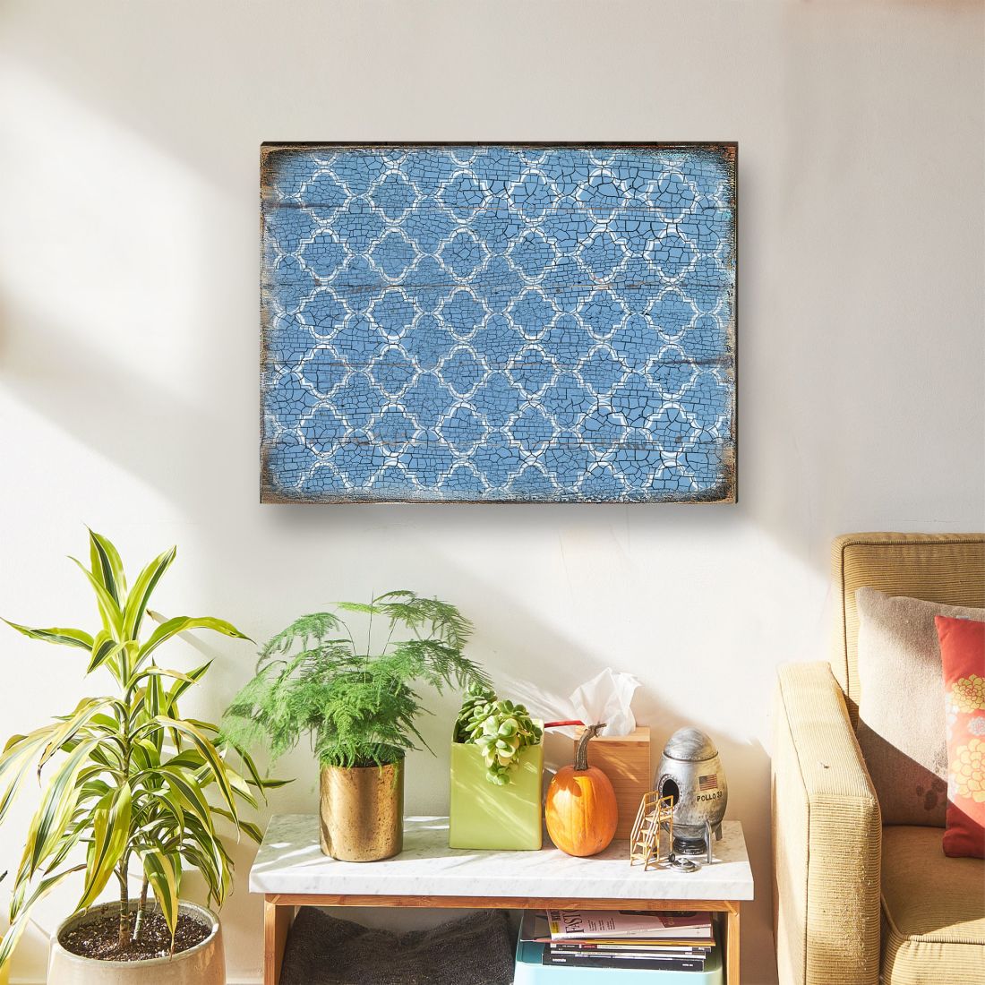 Graphic Blue Rustic Wooden Wall Art by G. DeBrekht - Floral Ornamental Decor - 95003B