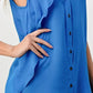 Silk Sleeveless Ruffle Blouse - Asymmetrical Button-Up Top in Orange & Blue | Femstylo