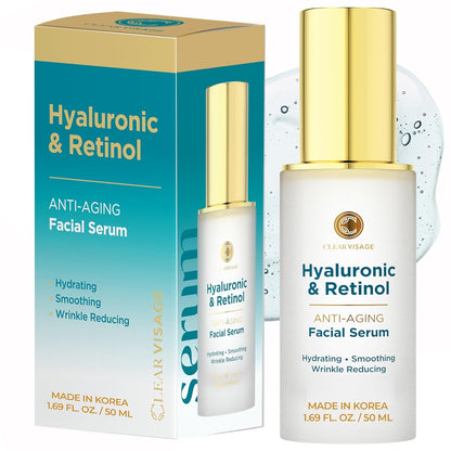 Hyaluronic Acid & Retinol Serum - Revitalizing Anti-Aging, Radiant Glowing Complexion, Wrinkle Reduction - Dermatologist Tested, Korean Skin Care, Clean Beauty - 1.69 Fl. Oz