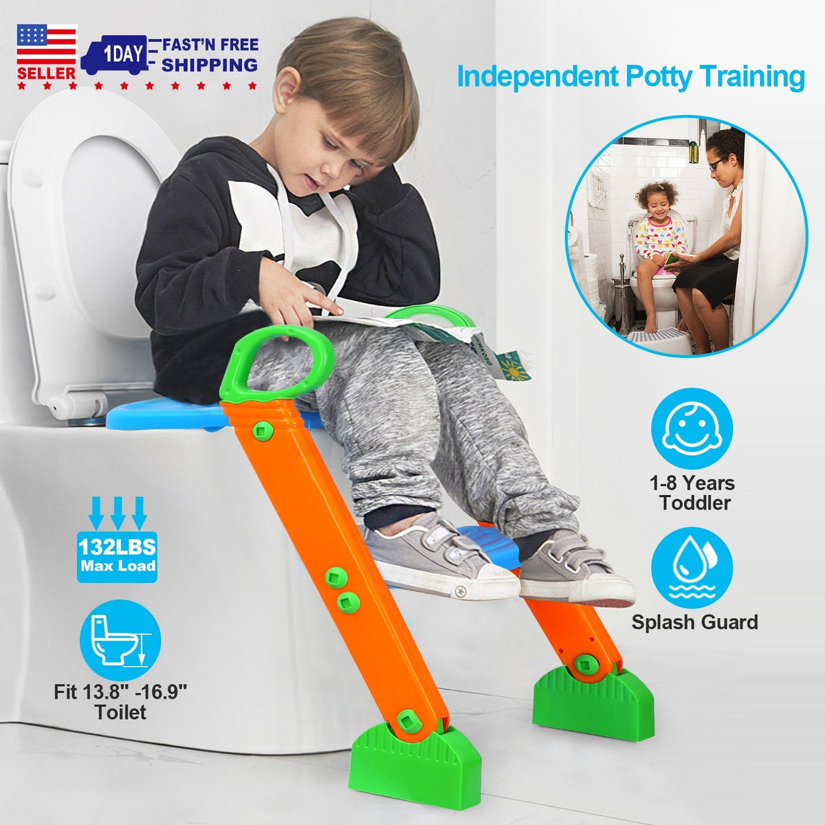 Potty Training Toilet Seat w/ Steps Stool Ladder For Children Baby Foldable Splash Guard Toilet Trainer Chair Anti-slip Feet Pedal Handle 132LBS Max L