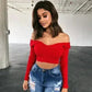 Cotton black short crop top Women autumn v neck off shoulder