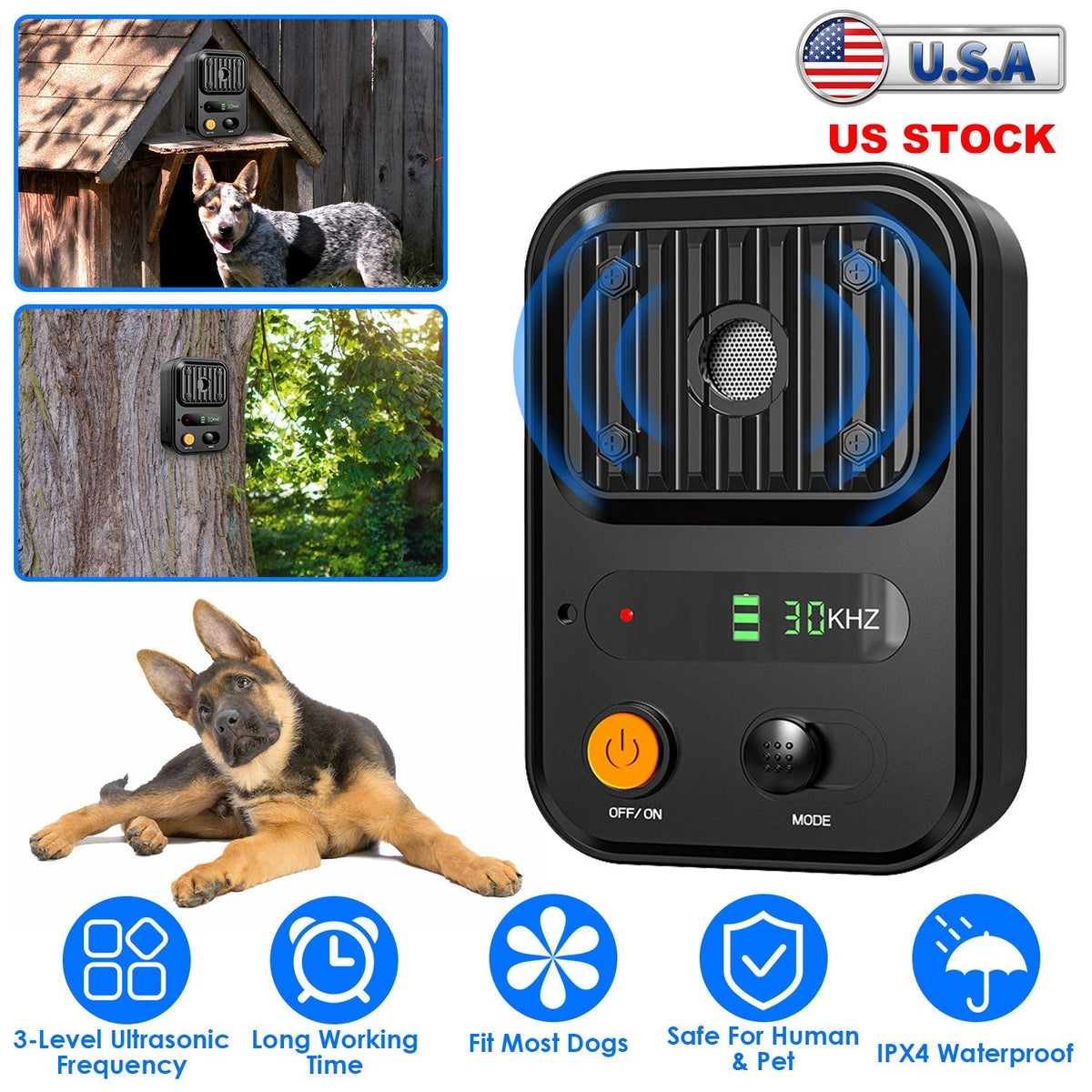 Ultrasonic Anti-Barking Device Rechargeable Auto Dog Bark Control Deterrent Box Training Device IPX4 Waterproof with 3 Frequency Max 32.8Feet Sensing