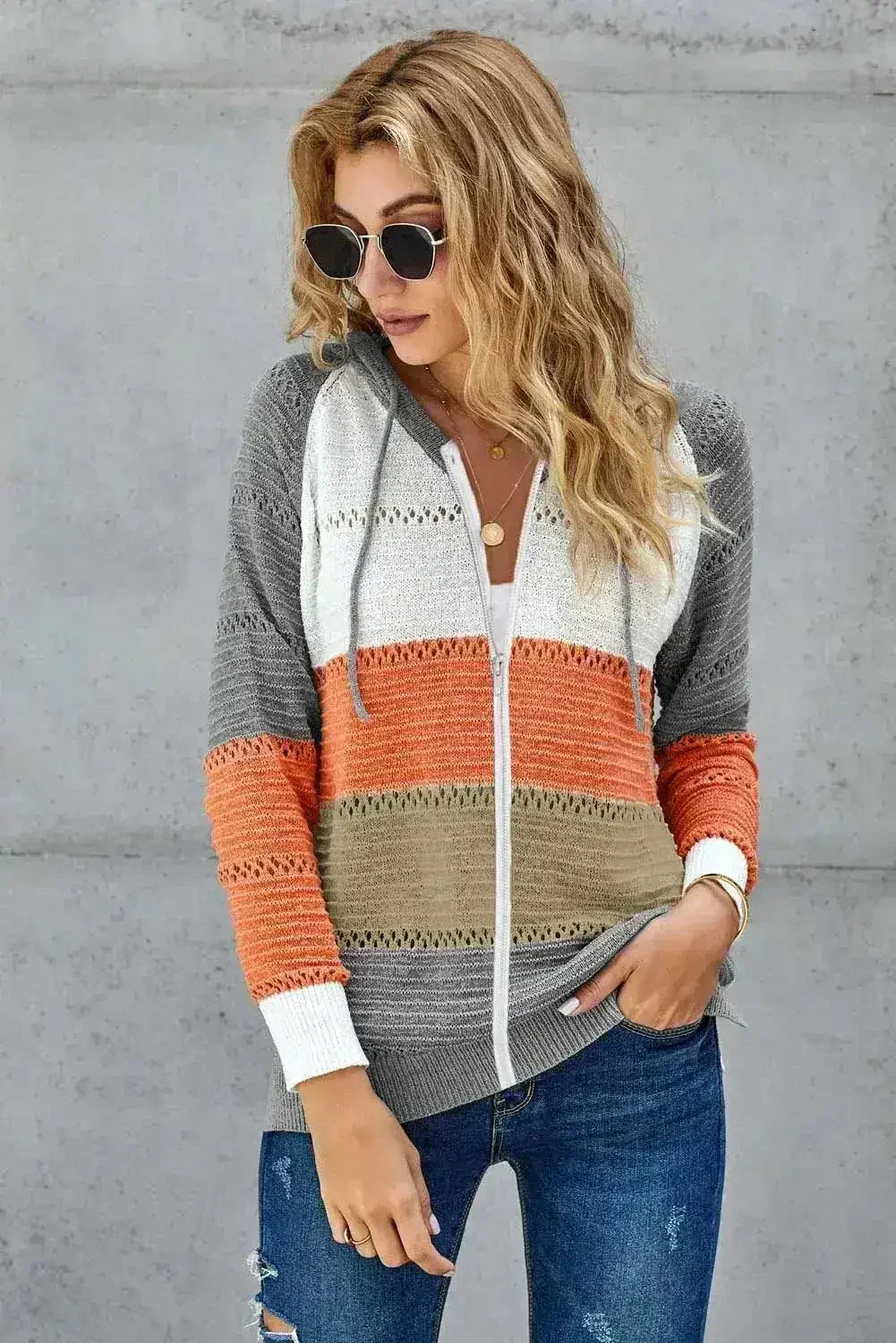 Womens Zipped Front Gray Colorblock Hollow-out Knit Hoodie
