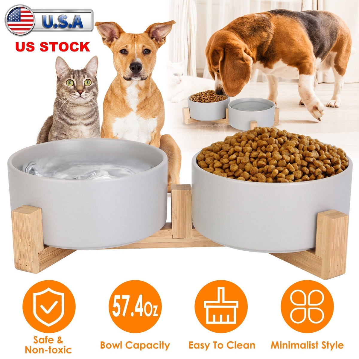 Double 28.7Oz Ceramic Pet Bowls Dog Cat Bowls with Wooden Stand Raised Pet Feeder for Small Dogs Cats