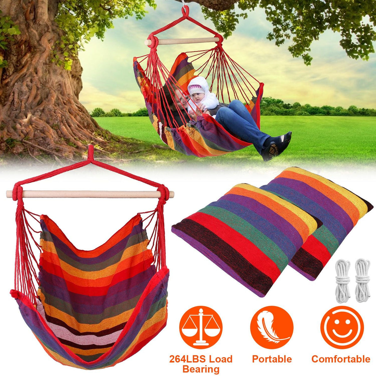 Hammock Hanging Chair Canvas Porch Patio Swing Seat Portable Camping Rope Seat Wooden Stick Hammock Chair with 2 Pillows 265LBS Load-bearing