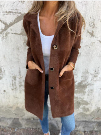 Single-breasted Polo Collar Pocket Mid-length Coat