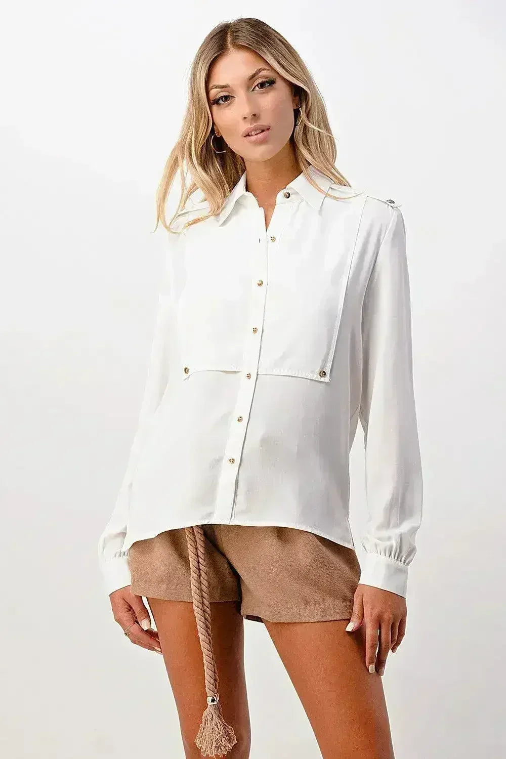 Oversized Military Blouse – Gold Button Long Sleeve Top | Femstylo
