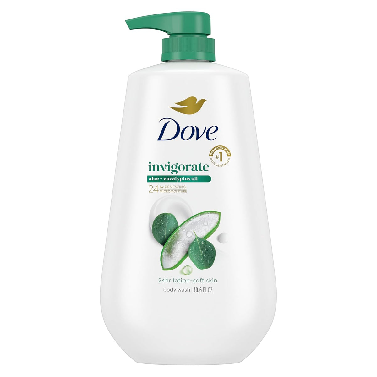 Dove Body Wash with Pump Invigorate Aloe & Eucalyptus For 24hr Lotion-Soft Skin Moisturizing Skin Cleanser with No Sulfates No Parabens 30.6 Oz