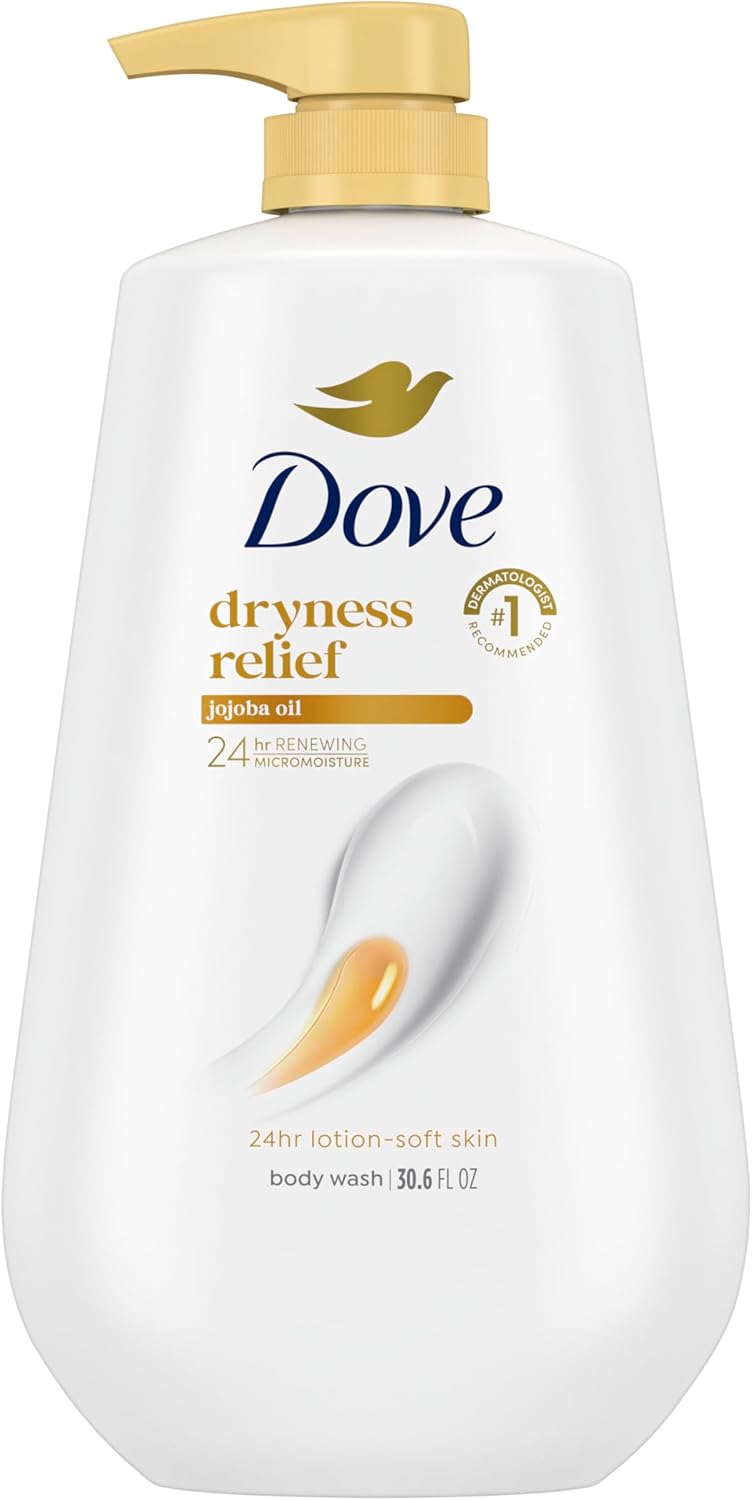 Dove Body Wash with Pump Dryness Relief with Jojoba Oil For 24hr Lotion-Soft Skin Moisturizing Skin Cleanser with No Sulfates No Parabens 30.6 oz