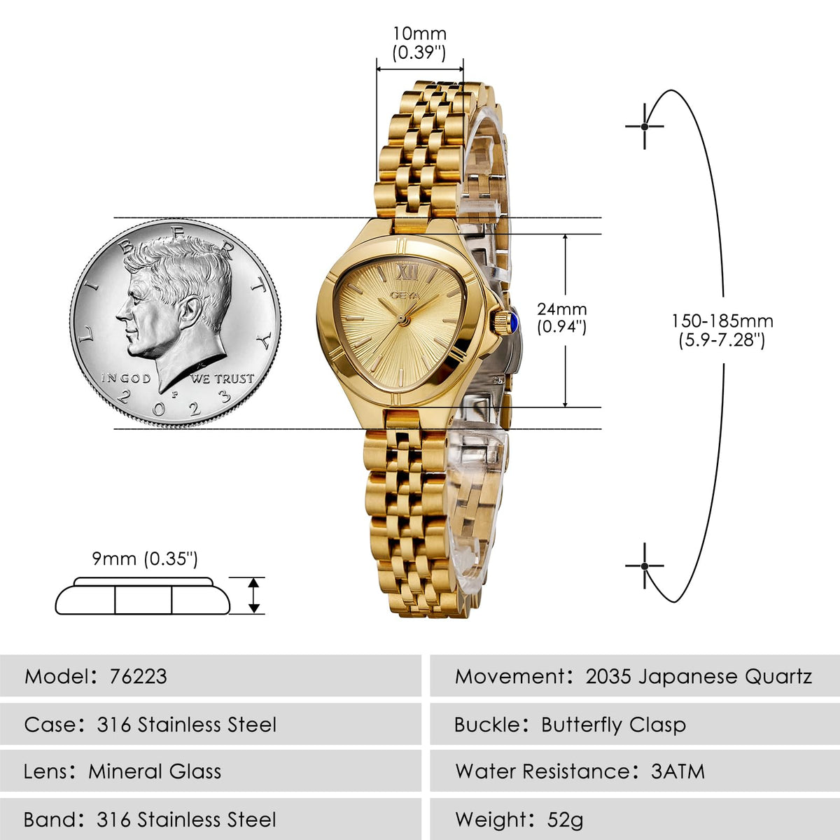 GeYa Vintage Gold Watches for Women Dainty Ladies Quartz Wristwatch,316L Stainless Steel Bracelet for Small Wrist,3ATM Waterproof,Triangle Shape,Birthday Gifts,with Tools,24.5mm