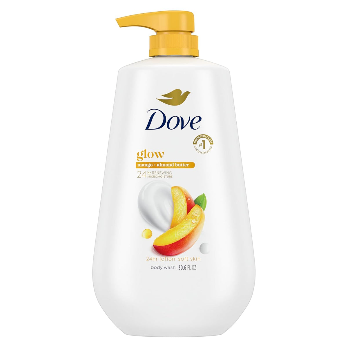 Dove Body Wash with Pump Glow Mango & Almond Butter For 24hr Lotion-Soft Skin Moisturizing Skin Cleanser with No Sulfates No Parabens 30.6 oz