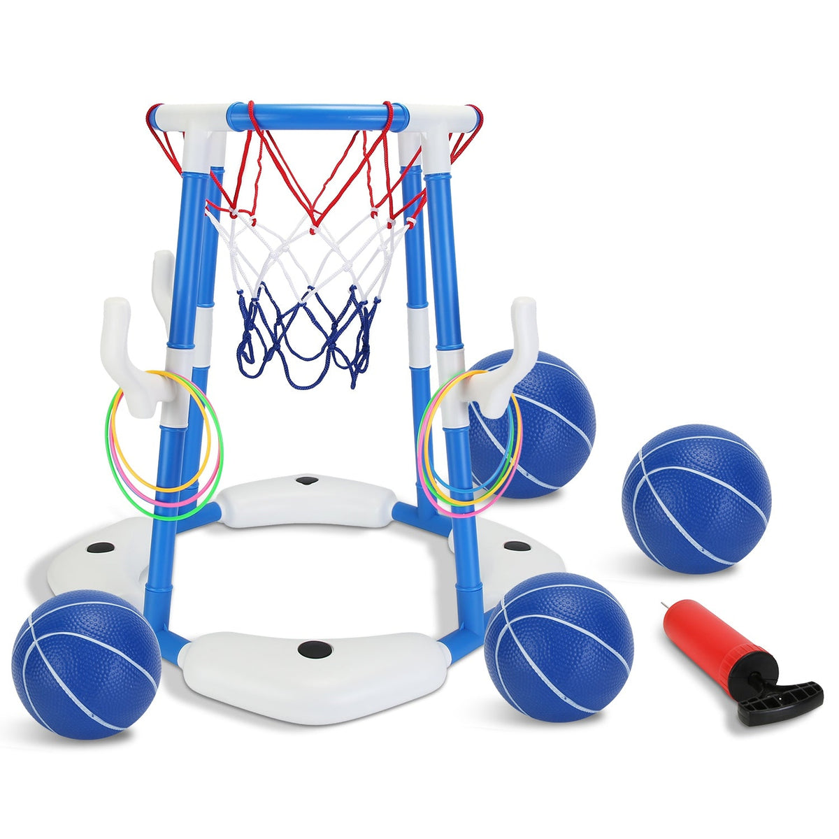 Summer Pool Basketball Hoop Toy Set With 4 Basketballs 4 Circles Pump Floating Swimming Pool Basketball Games Poolside Water Play Toy For 3-12Years Ol