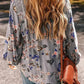 Sky Blue Floral Print Lace Patchwork Knot Front V Neck Blouse