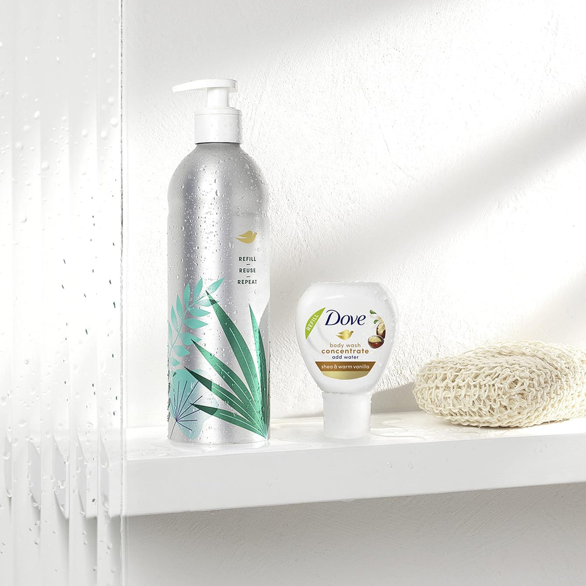 Dove Body Wash Aluminum Reusable Bottle and Concentrate Refill (2x) Starter Kit for Instantly Soft Skin Shea and Warm Vanilla for Skin Care and Lasting Nourishment 4oz (makes 16oz)