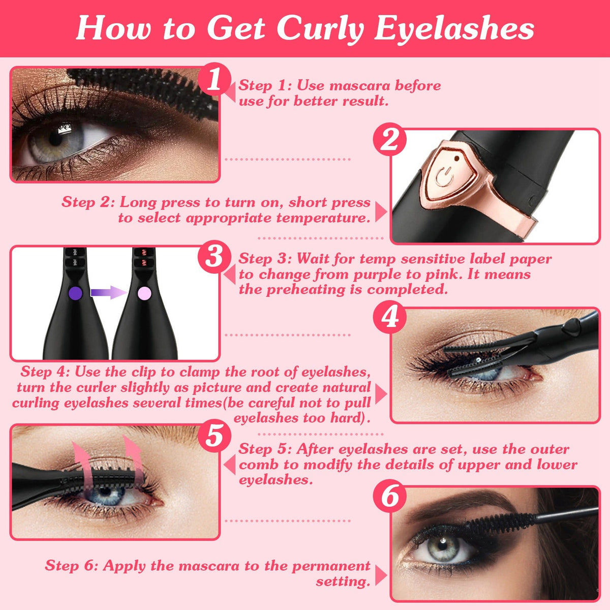 2 In 1 Clip Comb Heated Eyelash Curler Electric Mini Lash Curler Natural Eye Lash Makeup Tool with 3 Temp Settings 10Mins Shutdown