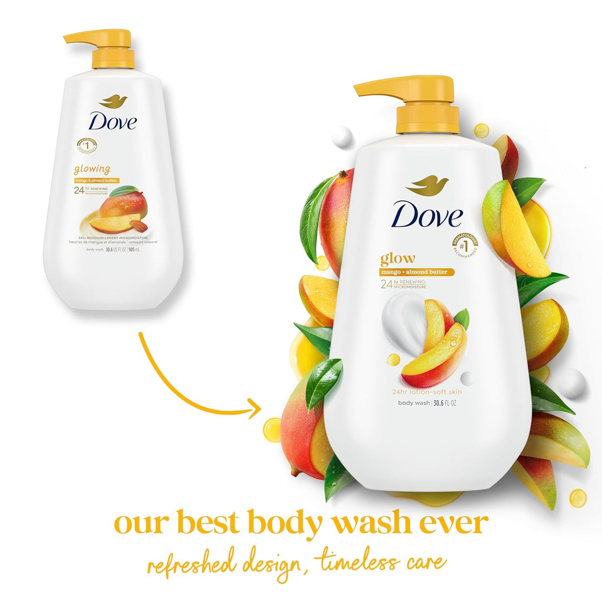 Dove Body Wash with Pump Glow Mango & Almond Butter For 24hr Lotion-Soft Skin Moisturizing Skin Cleanser with No Sulfates No Parabens 30.6 oz