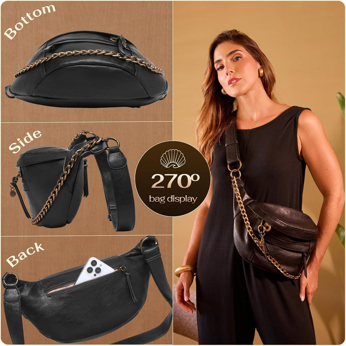 Anti Pickpocket Crossbody Bag – Large Vegan Black Leather Sling Bag with RFID & Glasses Pockets, Anti Theft Design, Multiple Compartments, Chain Detail Travel Crossbody Bag for Women