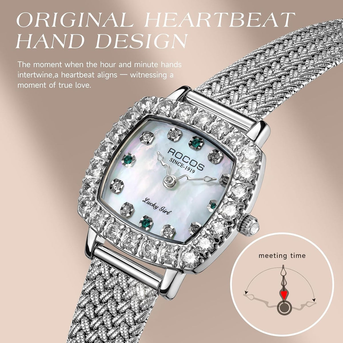 ROCOSJEWE Luxury Silver Diamond Ladies Watch for Women, Square Quartz Wrist Watch with Natural Mother-of-Pearl Dial, Elegant Small Dial, Premium Branded Women’s Watch, Gift for Women R0264