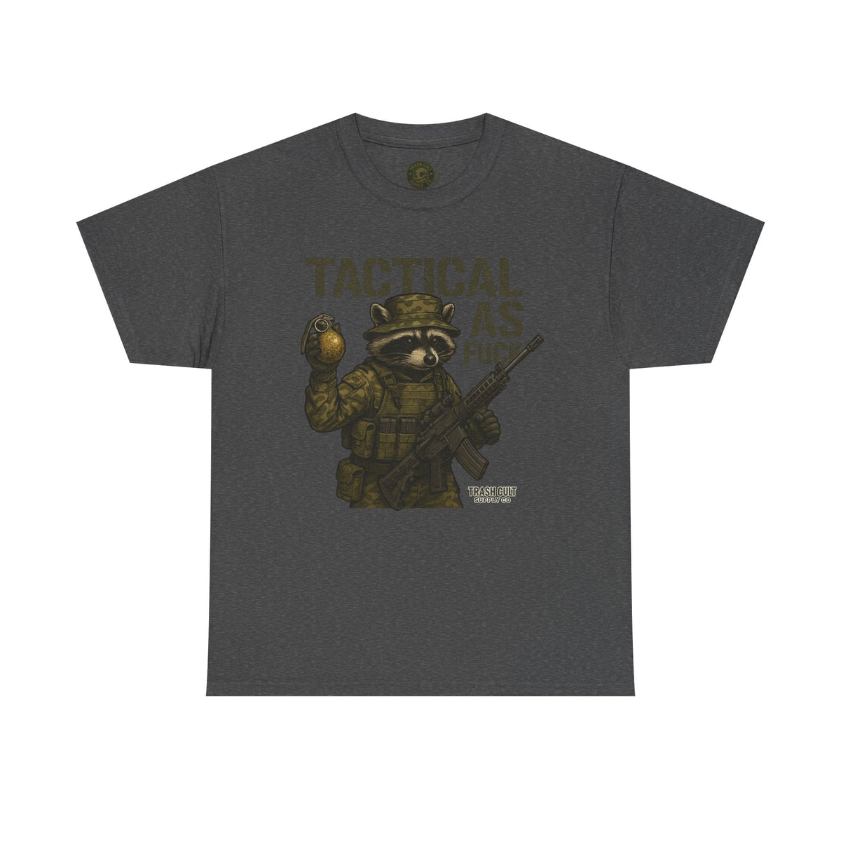 Tactical As F*** T-Shirt – Armed Raccoon Military Humor Tee | Trash Cult Supply Co. | Gildan 5000 Heavy Cotton
