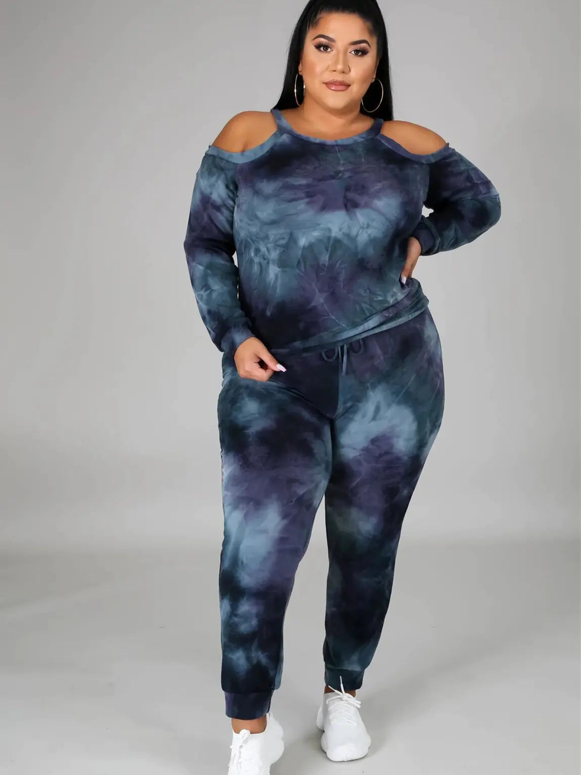 Plus Size Women's Off Shoulder Tie Dye Casual Suit