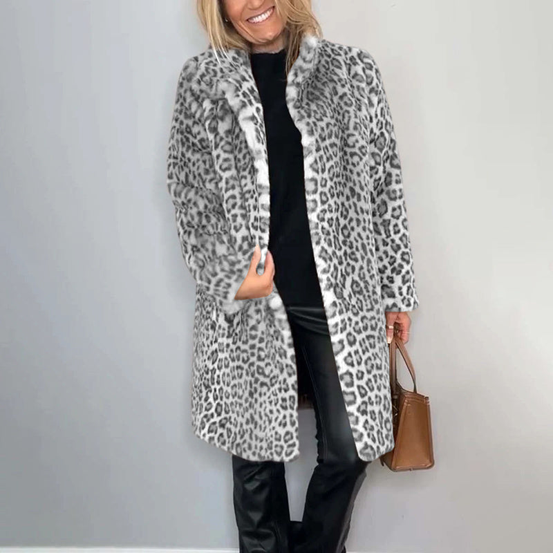 Leopard Print Plush Jacket — Cozy Loose-Fit Mid-Length Outwear