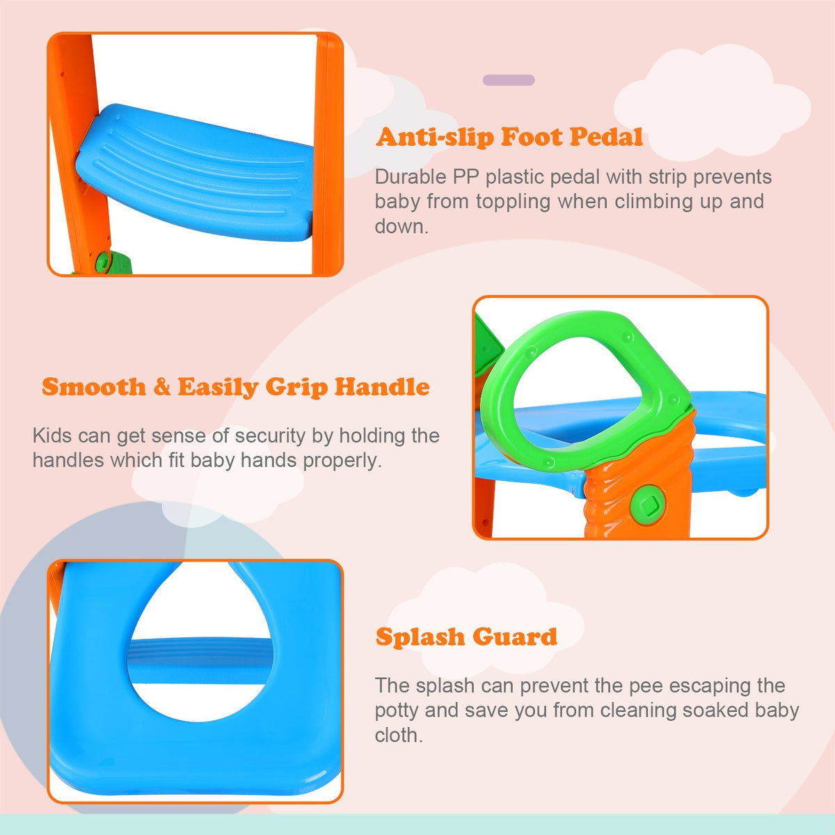 Potty Training Toilet Seat w/ Steps Stool Ladder For Children Baby Foldable Splash Guard Toilet Trainer Chair Anti-slip Feet Pedal Handle 132LBS Max L