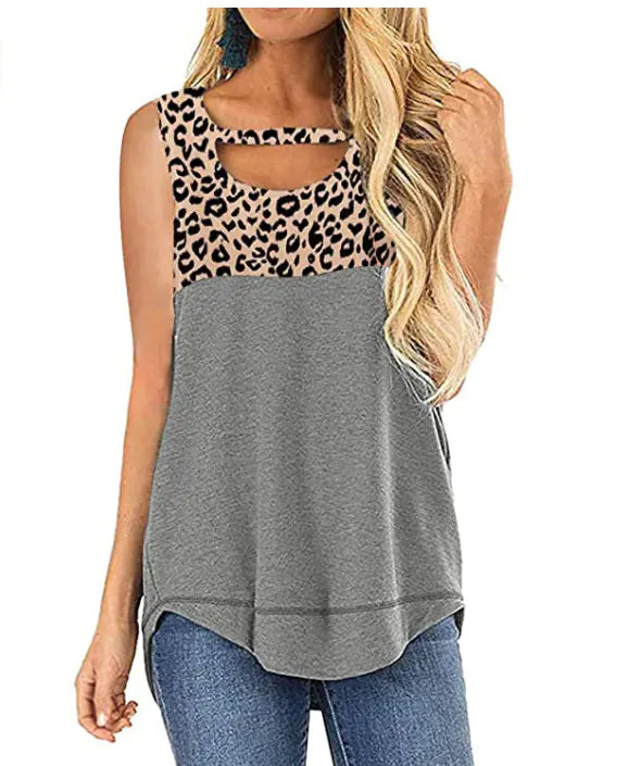Women's Sleeveless Color Block Leopard Print Top