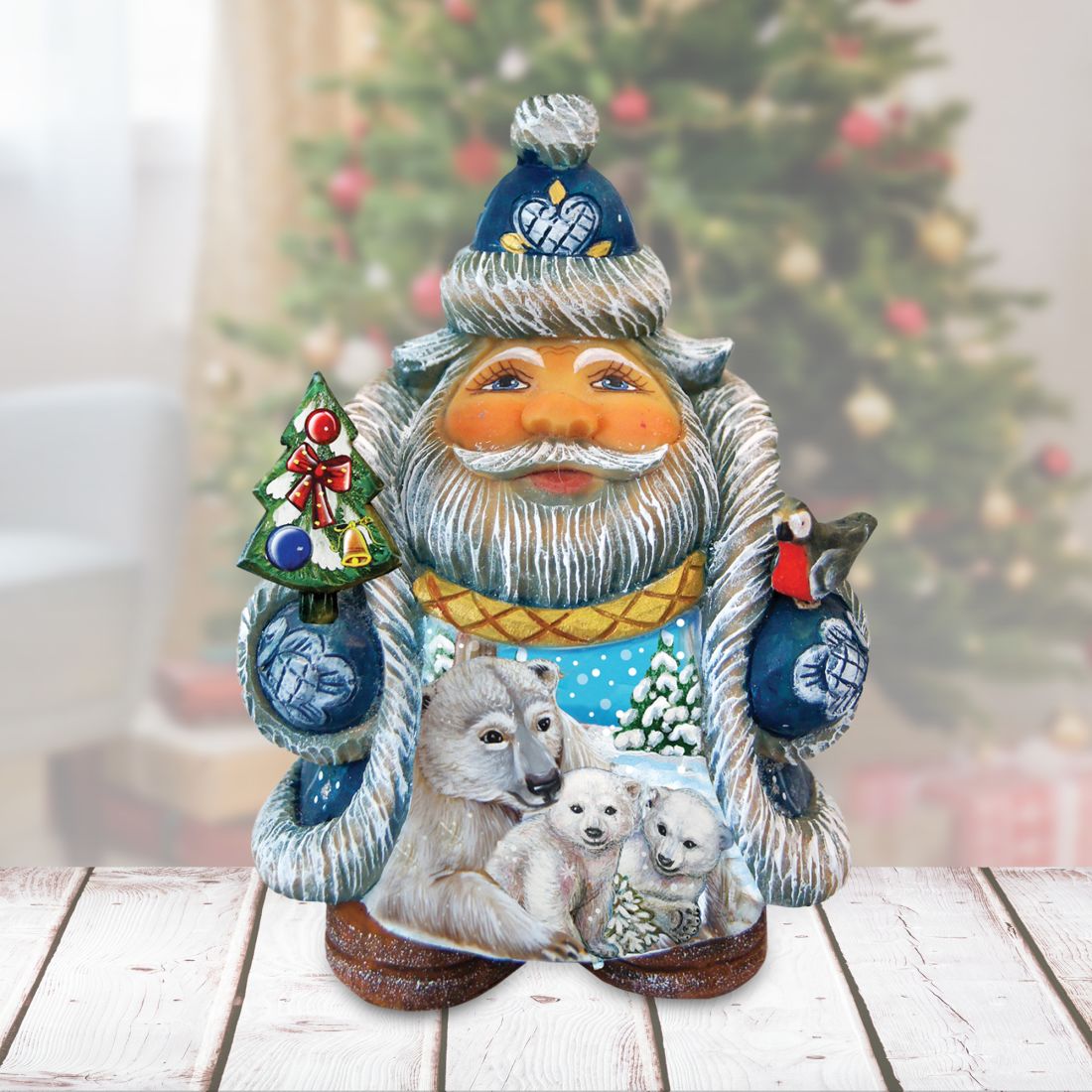 Santa with Polar Bear and Cubs Handcrafted Christmas Figurine - G. DeBrekht - Christmas Santa Snowman Decor - 533422