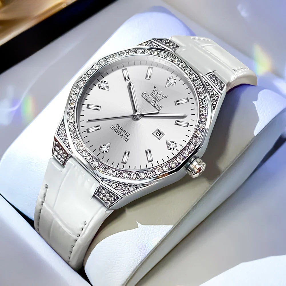 Women's Crystal Bezel Leather Date Watch
