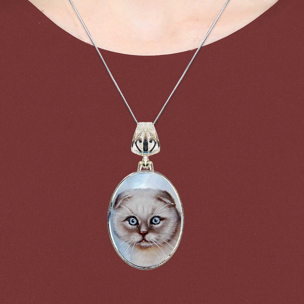Scottish Cat Silver Plated Mother of Pearl Jewelry Pendant Necklace - 44038O