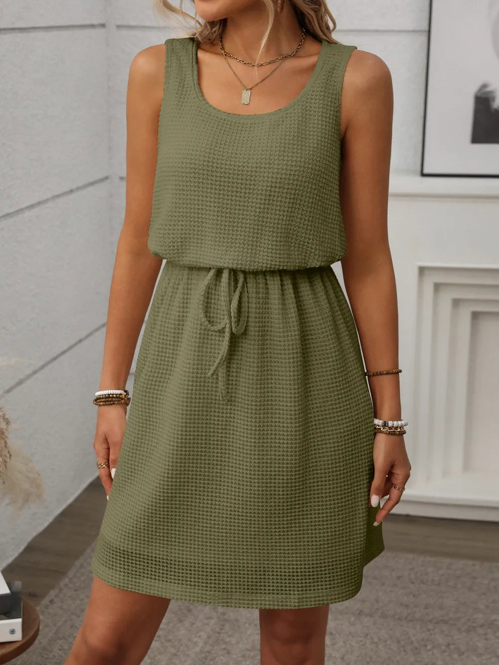 Breezy Waffle-Knit Drawstring Mini Tank Dress