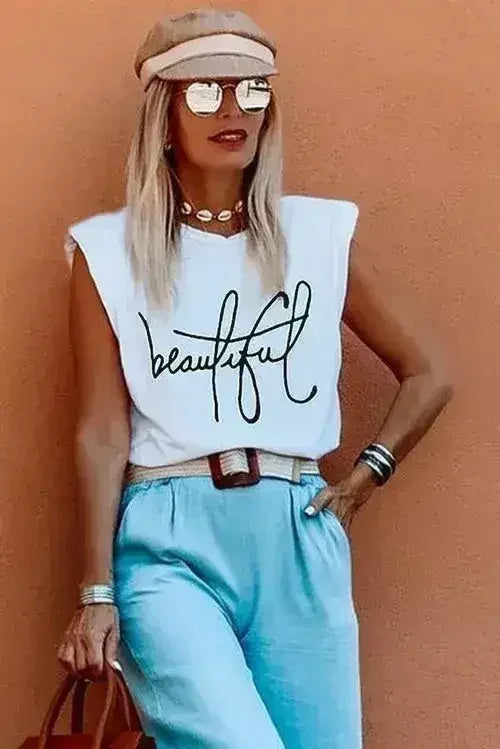 Padded Shoulder Letter Print Tank Top