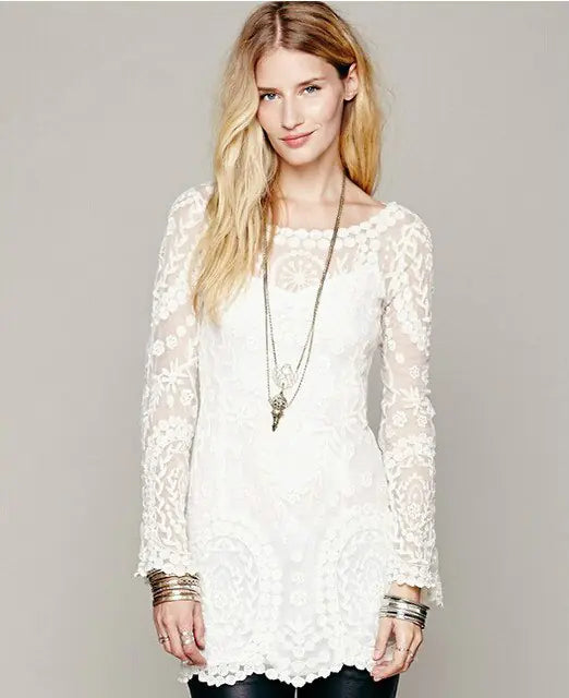 2021 hot sale flower pattern long sleeve loose hook beach dress women's hollow out sexy lace dress elegant sexy lace beach dress