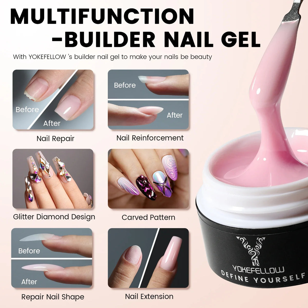 YOKEFELLOW 15g Jelly Extension Gel Nail Polish Nude Pink Clear Building Construct Extend Gel Soak Off UV LED Acrylic Gel Varnish