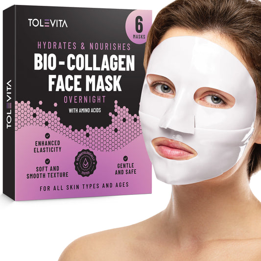 Bio-Collagen Overnight Face Mask, Hydrating & Nourishing Sheet Mask with Collagen, Hyaluronic Acid & Niacinamide, 6 masks