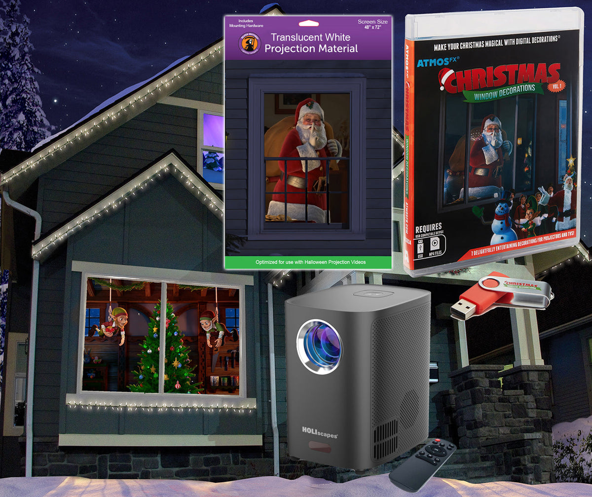 Christmas Digital Decoration Kit Includes 7 AtmosFX® Video Effects for Christmas + HD Super Bright Projector + 48” x 72” Holographic Projection Screen