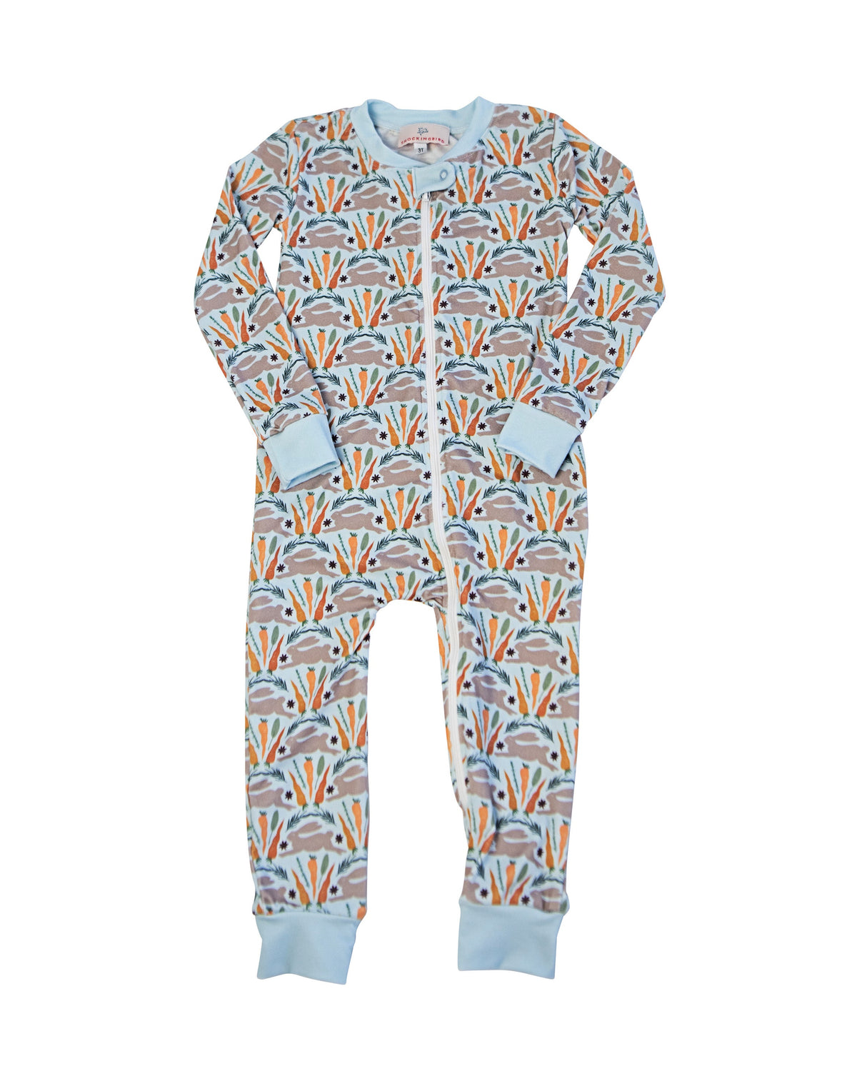 Spring Bunnies Blue Pima Cotton Zip Up Pajamas-FINAL SALE