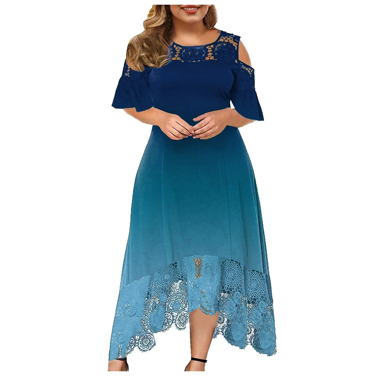 Trendy Plus-Size Gradient Lace Shoulder Dress for Women
