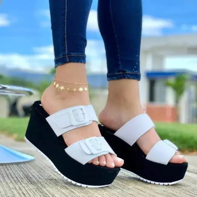 Wedge Heel Platform Slippers with Belt Buckle