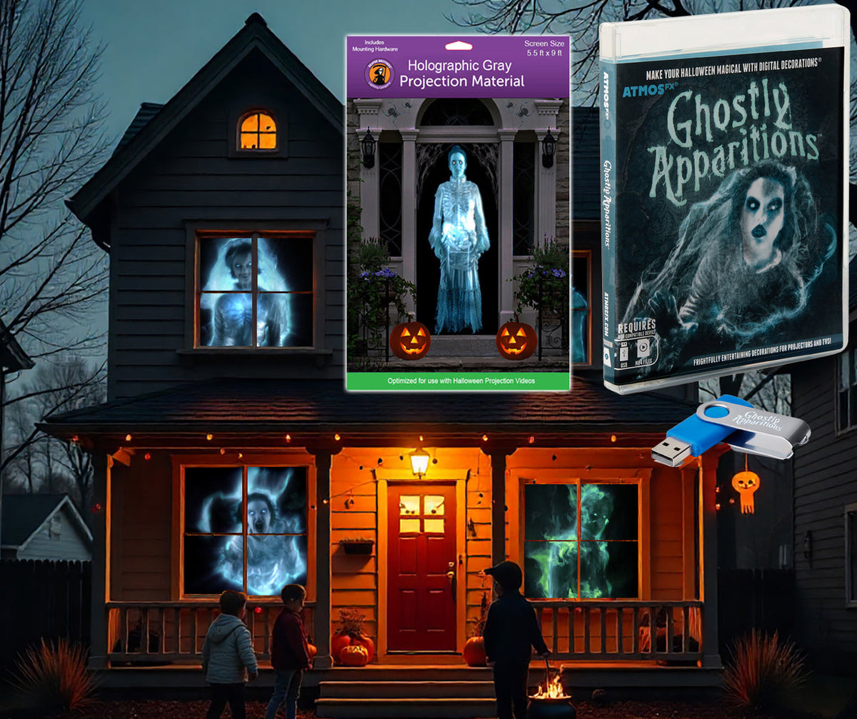 AtmosFX Halloween Digital Decoration USB - Ghostly Apparitions + 5.5 ft x 9 ft Projection Screen