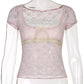 Trim Crop Top Bow Cute Sweet T Shirt Women Retro Short Sleeve Lace Patched Tshirt