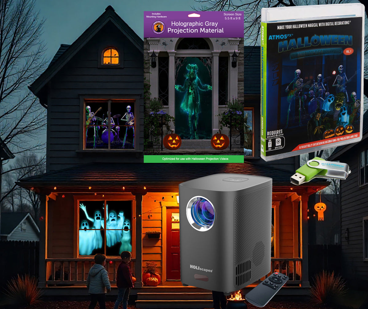 HoliScapes® USB Projector Kit - Halloween Hollusion + Projector + 5.5 ft x 9 ft Projection Screen