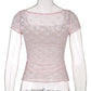 Trim Crop Top Bow Cute Sweet T Shirt Women Retro Short Sleeve Lace Patched Tshirt