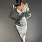 Slim V Neck Long Sleeve Mid Calf Pencil Dress 2022 Casual Office Lady Solid Red Puff Sleeve