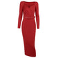 Slim V Neck Long Sleeve Mid Calf Pencil Dress 2022 Casual Office Lady Solid Red Puff Sleeve