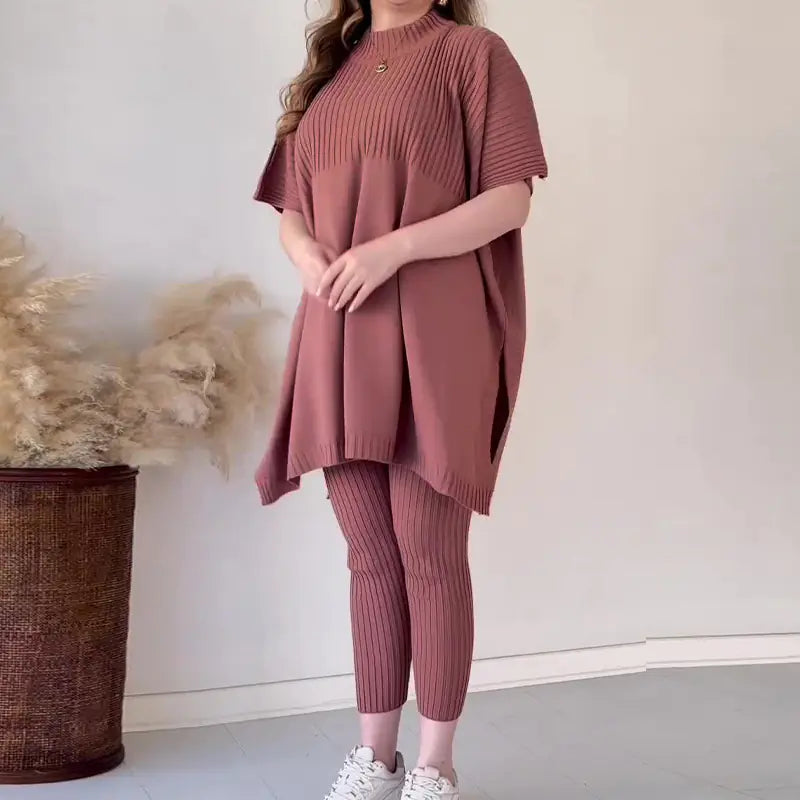 Fall Plus Size Knit Batwing Top & Bottom Set