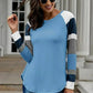 Womens Color Block Long Sleeves Blue Pullover Top