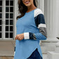 Womens Color Block Long Sleeves Blue Pullover Top
