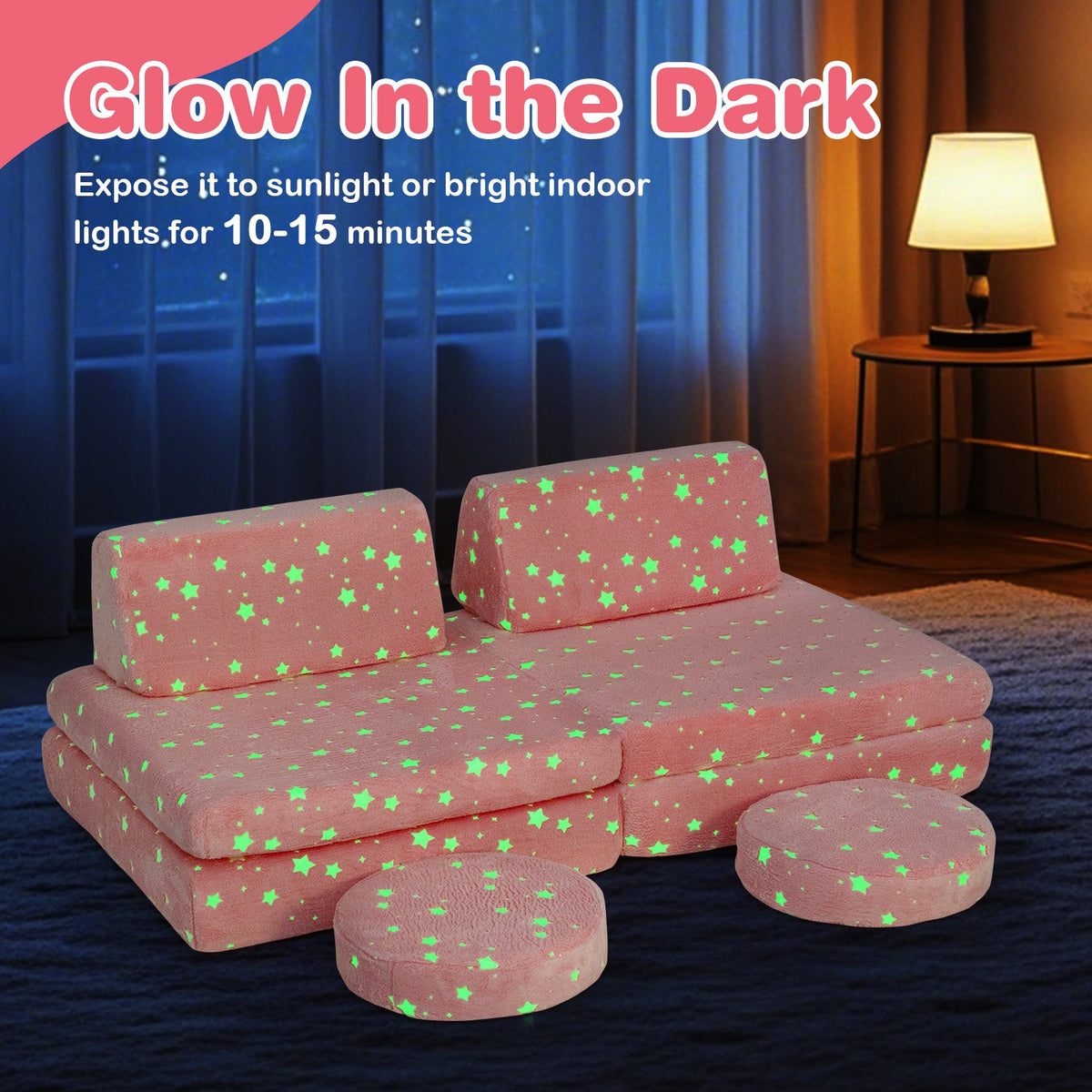 Modular Kids Play Couch Set Glow in the Dark with Portable Handles-Pink